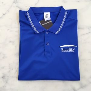 NWT. Adidas ClimaLite Blue Polo Shirt with embroidered logo.